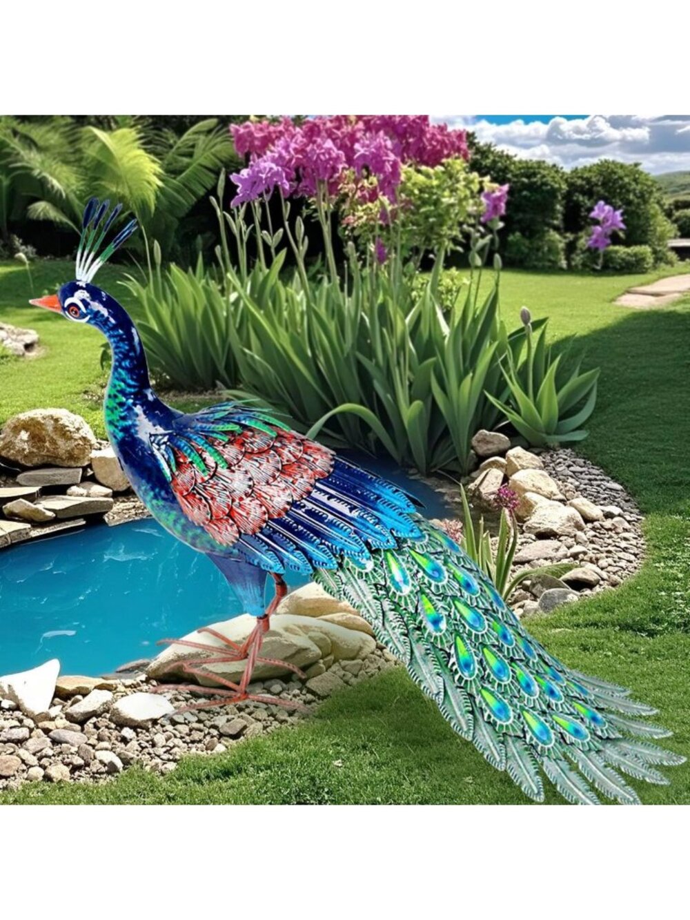 24” Handcrafted Outdoor Metal Peacock Statue | Weatherproof Garden Art Decor